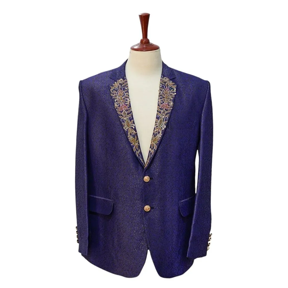 Mens 42R Purple Jacquard Blazer Hand Embroidered Jeweled Tuxedo Suit Jacket